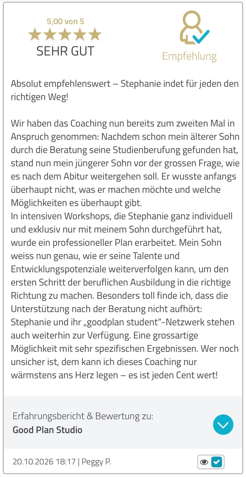 Kundenbewertung auf ProvenExpert: 5 von 5 Sternen für die Studienberatung von Good Plan Studio